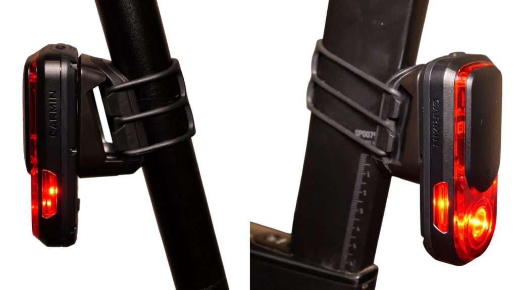 Zwei Ansichten des Garmin RearVue 820 an unterschiedlichen Sattelstützen: links an einer runden, rechts an einer Aero-Sattelstütze, jeweils mit eingeschaltetem roten Rücklicht.