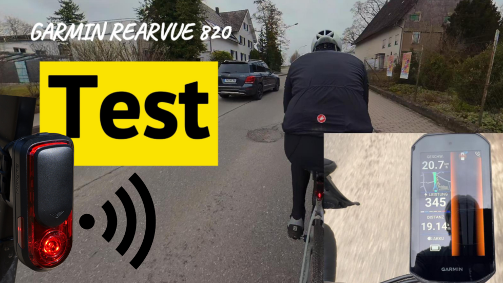 Garmin Rearview 820 Test auf dem Fahrrad: Radfahrer auf einer Straße, mit eingeblendeter Garmin-Radar-Rücklicht-Kamera und Fahrradcomputer-Display.