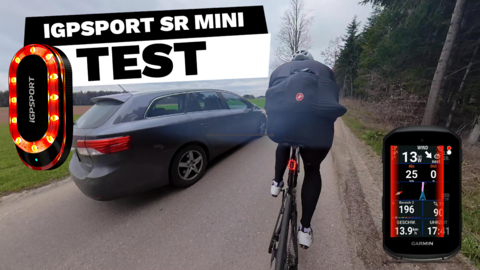 iGPSPORT SR Mini Fahrrad Radar Test mit Rennradfahrer, überholendem Auto und Radar-Anzeige auf Garmin Fahrradcomputer