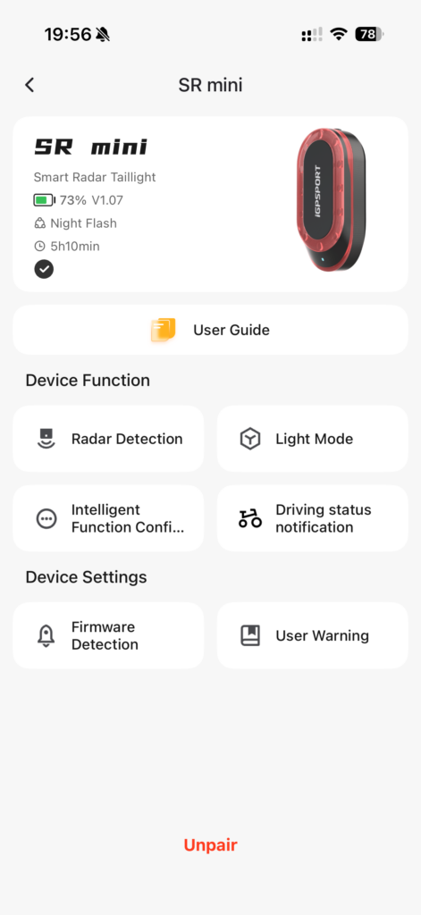 iGPSPORT App Geräteansicht des SR Mini Radar-Rücklichts mit Akkustand, Lichtmodus, Radar-Erkennung und Geräteeinstellungen.