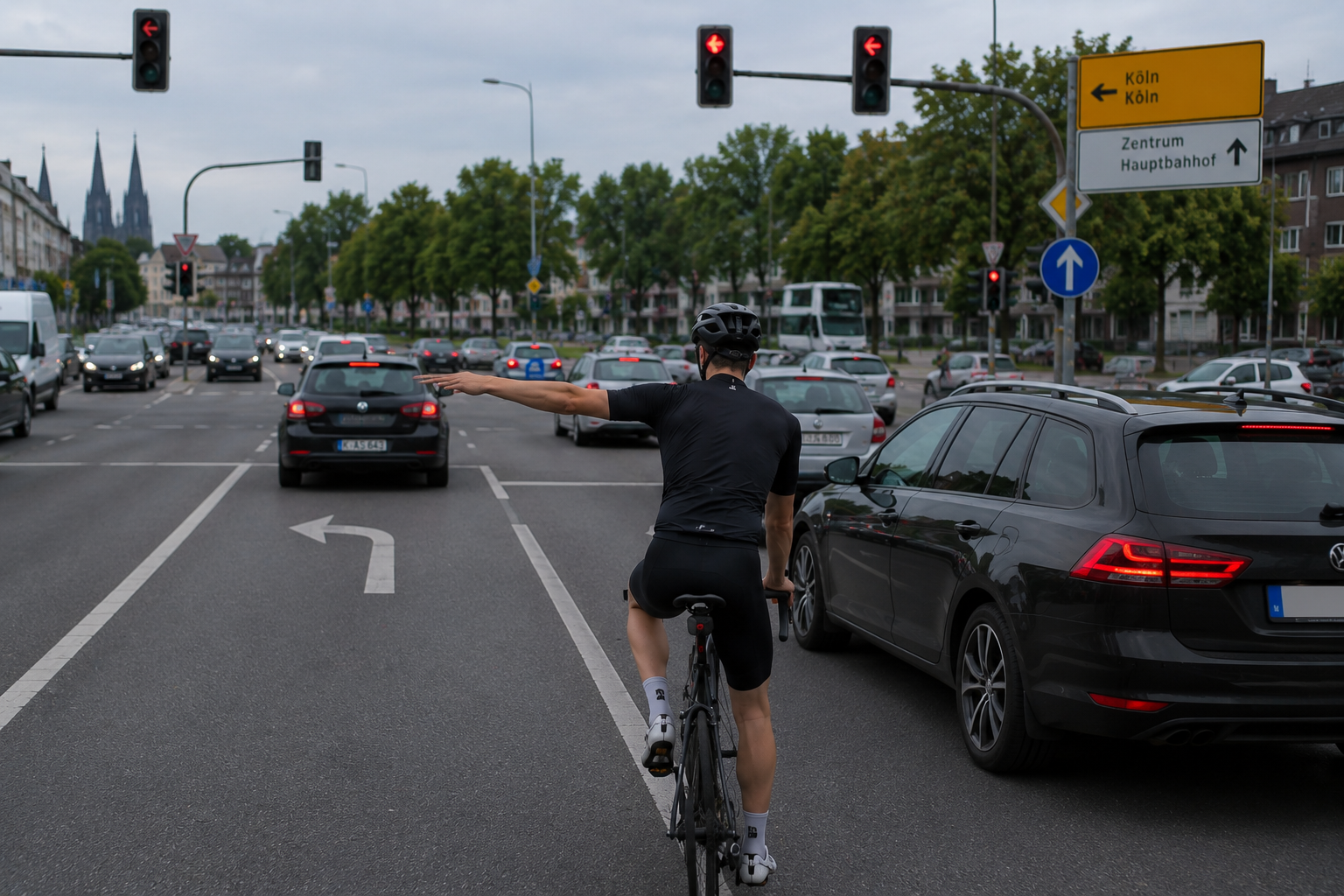 Rennradfahrer gibt ein Handzeichen