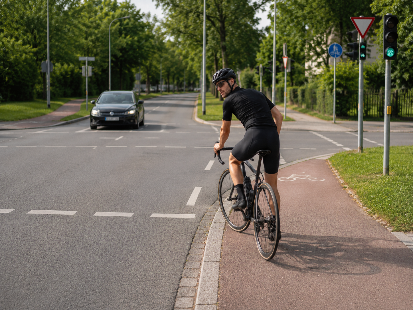 Rennradfahrer macht einen Schulterblick im Straßenverkehr
