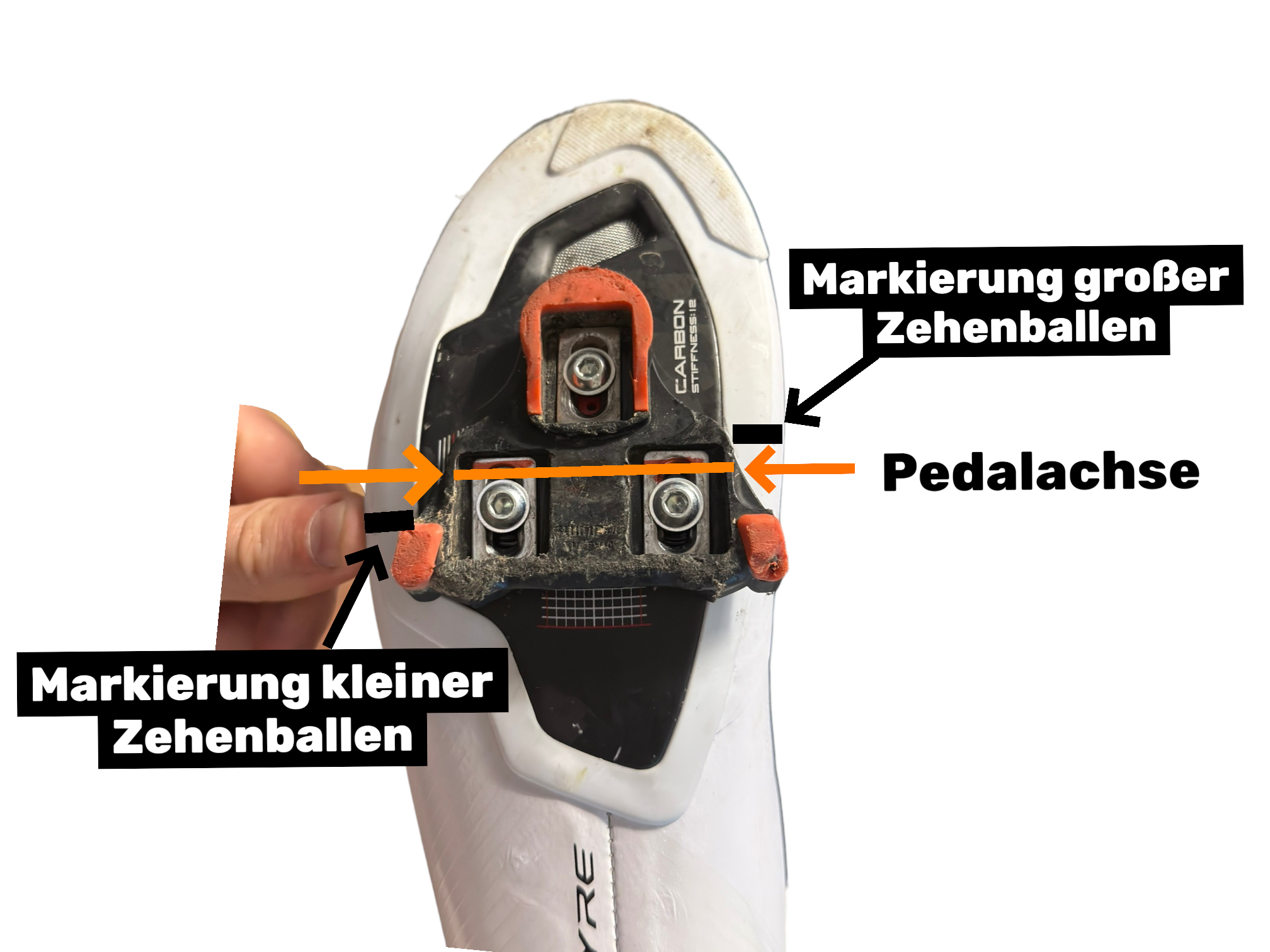 Sohle eines Fahrradschuhs mit montiertem Cleat