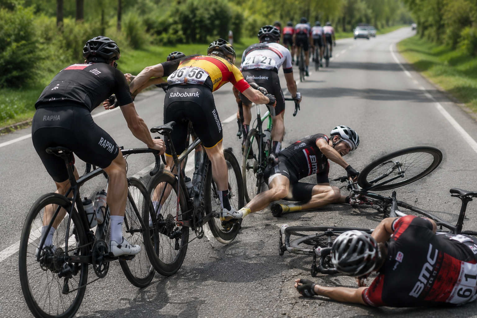 Rennradfahrer hält Abstand zum Vordermann in der Gruppe