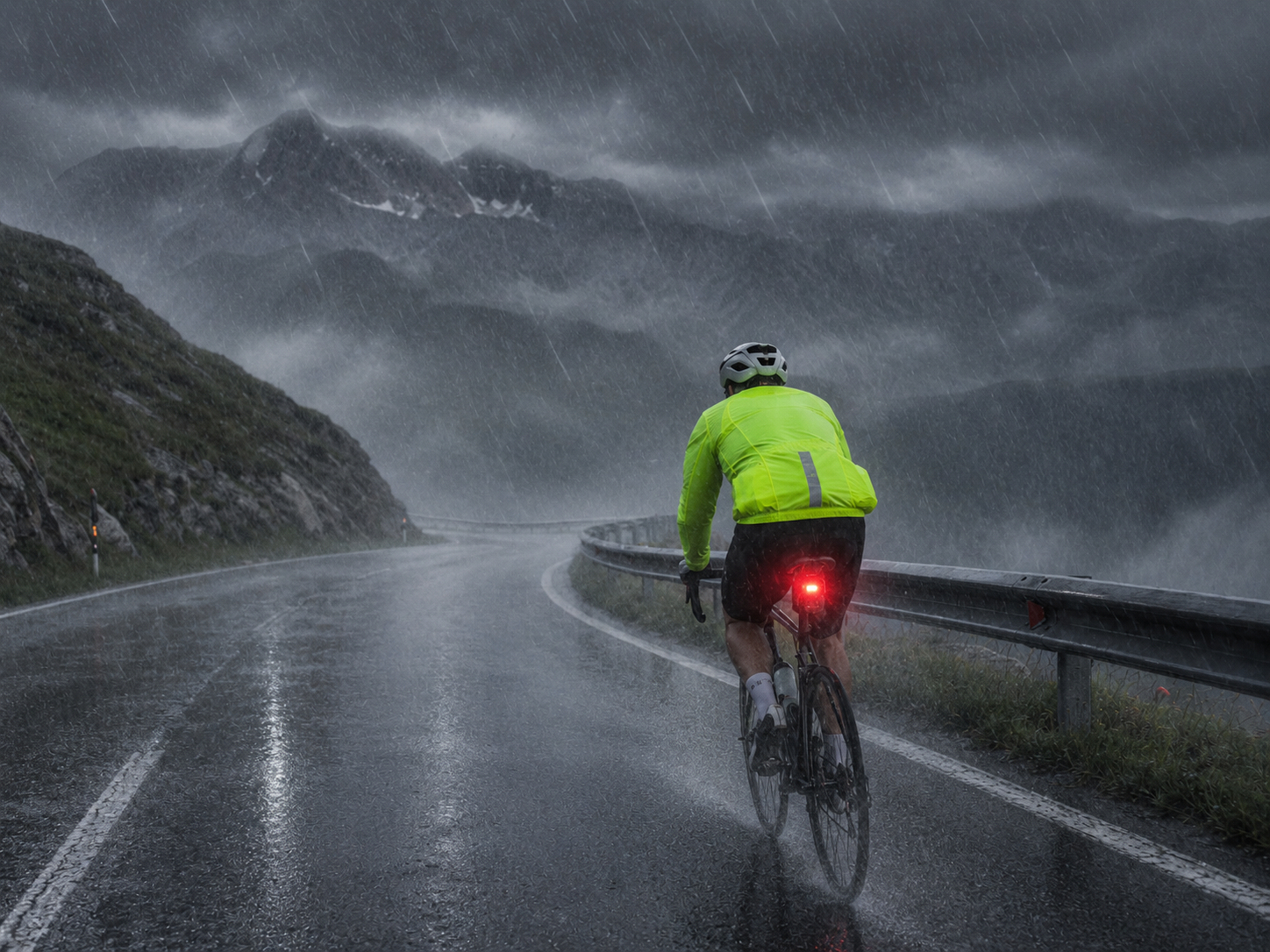 Rennrad Sichtbarkeit erhöhen bei Regen mit Licht und heller Kleidung