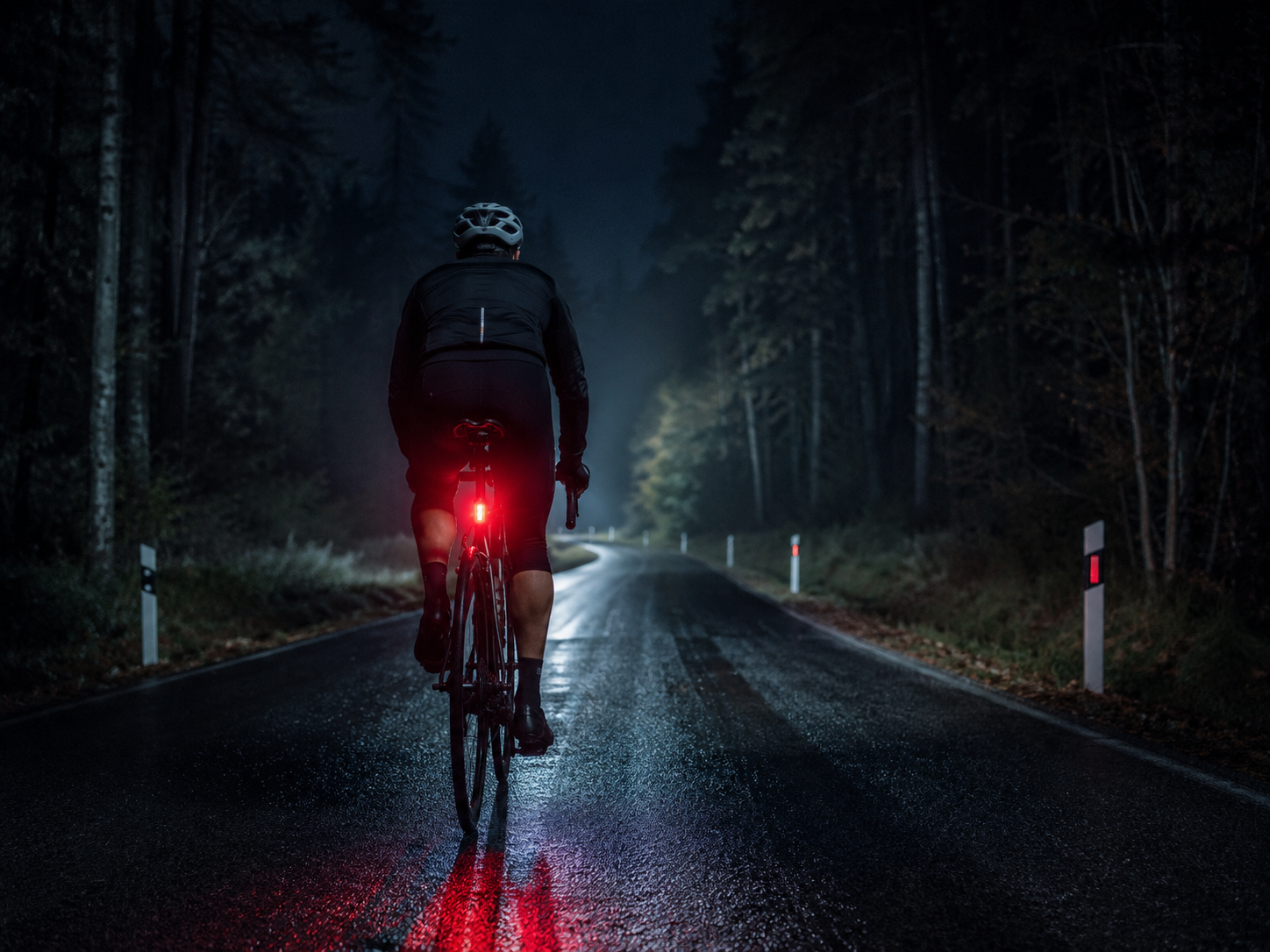 Rennradfahrer mit Licht und guter Sichtbarkeit bei Dunkelheit