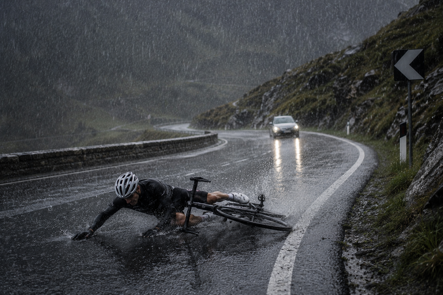 Rennradfahrer bei Regen auf nasser Straße