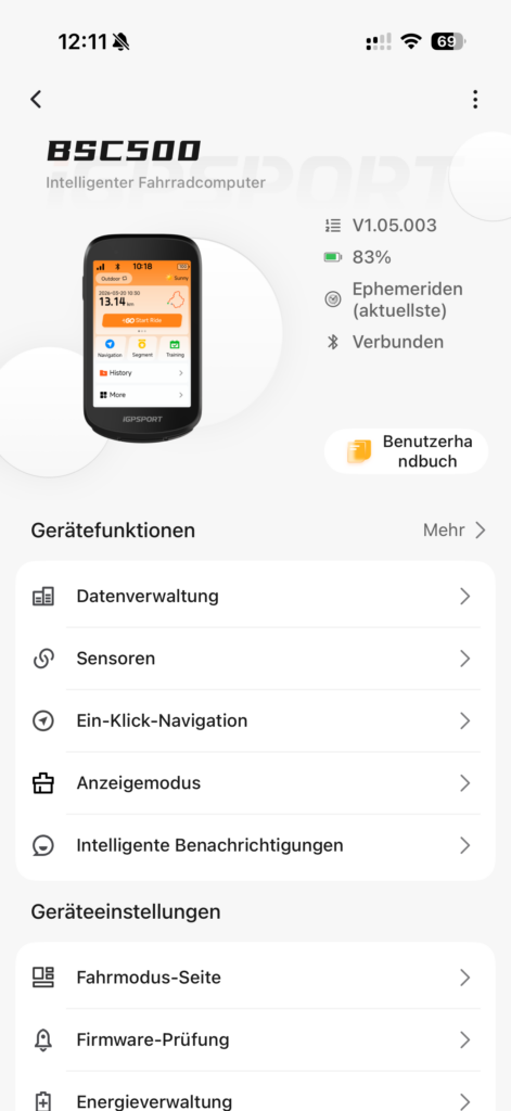 Geräteverwaltung des iGPSPORT BSC500 in der Smartphone-App