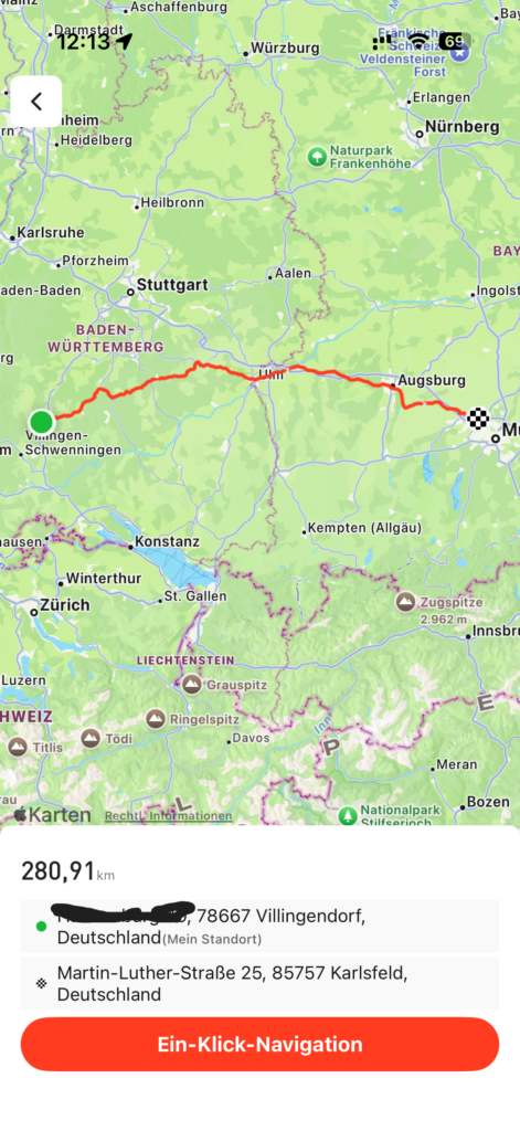 In der iGPSPORT-App geplante 280,91 Kilometer lange Fahrradroute auf einer Deutschlandkarte