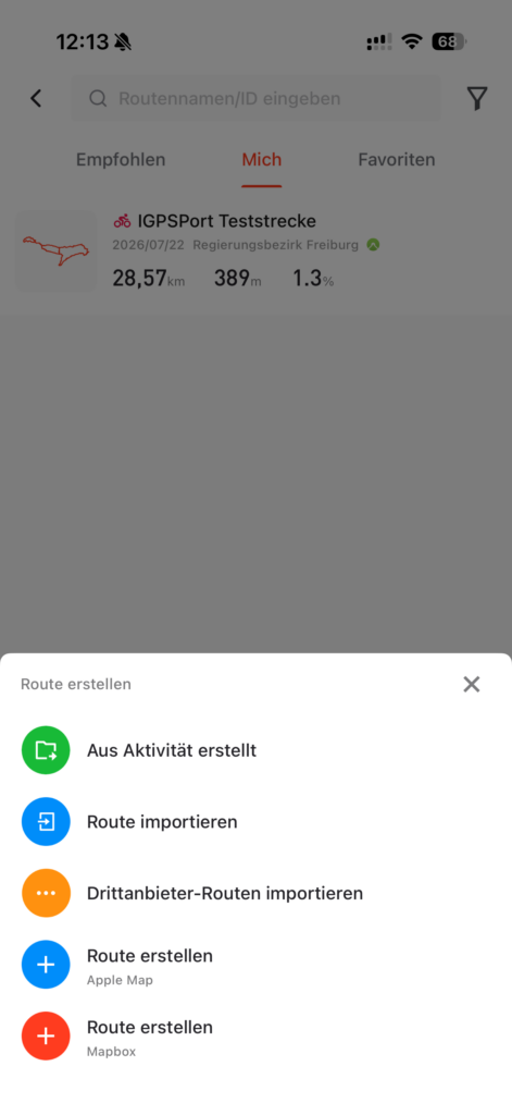 Auswahl zum Erstellen und Importieren von Fahrradrouten in der iGPSPORT-App