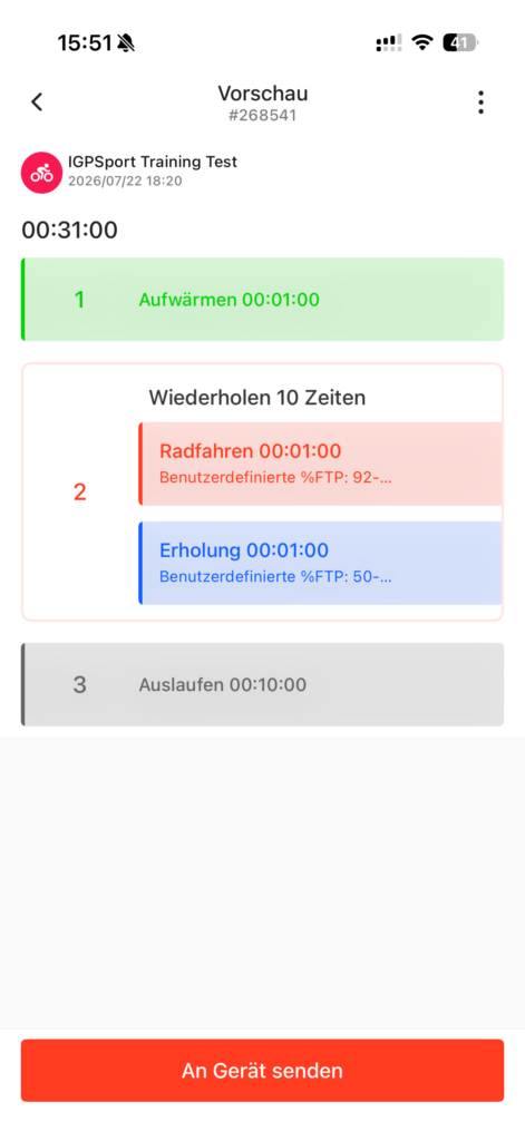 Vorschau eines strukturierten Intervalltrainings in der iGPSPORT-App