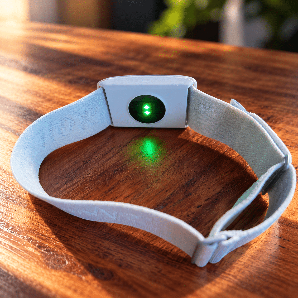 Unterseite des iGPSPORT HR80 mit leuchtendem optischem Sensor und Armband