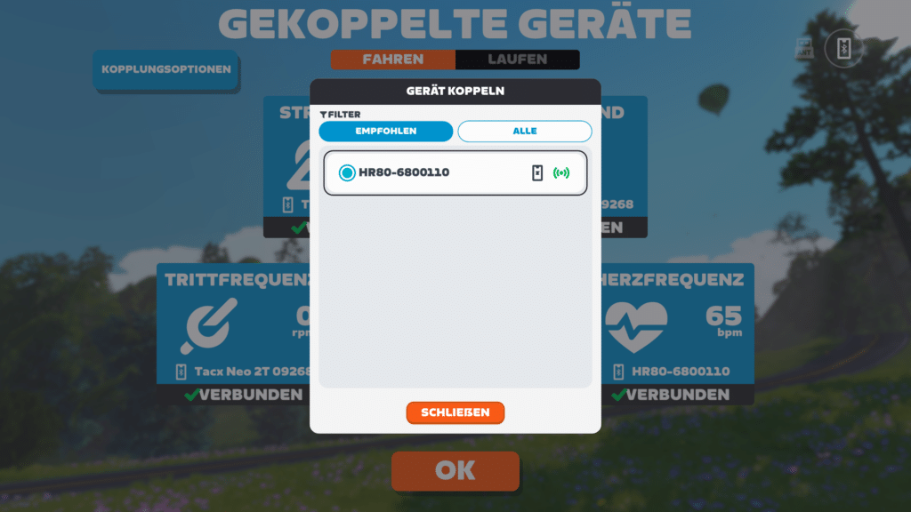 Zwift-Kopplungsdialog mit dem iGPSPORT HR80 als Herzfrequenzsensor