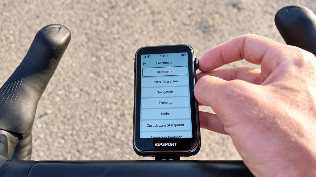 iGPSPORT BiNavi Ultra: Fahrt später fortsetzen Menü des iGPSPORT BiNavi Ultra mit der Funktion Später fortsetzen