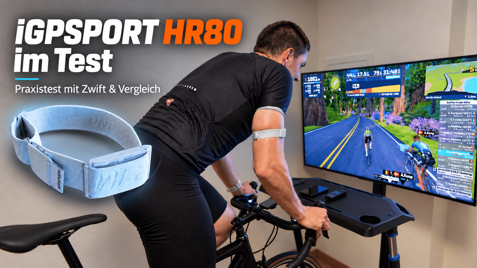 Radfahrer trägt den iGPSPORT HR80 am Oberarm beim Indoor-Training mit Zwift