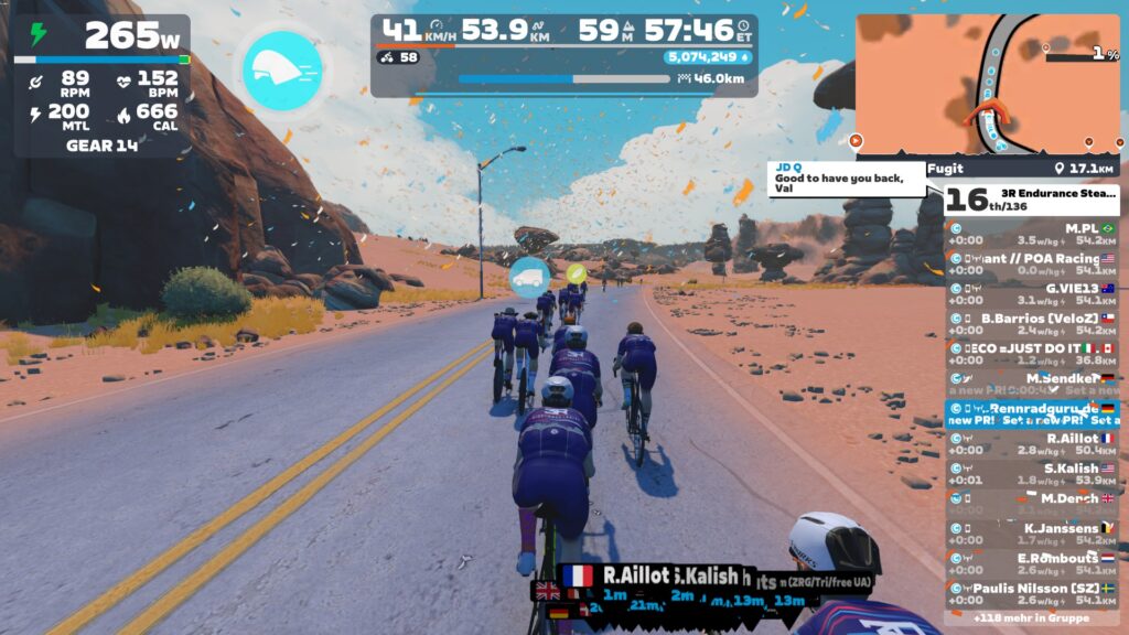 Zwift-Rennansicht während einer Fahrt mit dem iGPSPORT HR80 Herzfrequenzsensor