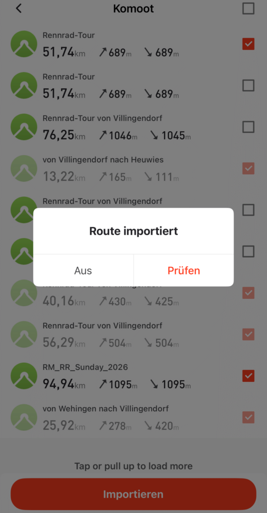 iGPSPORT-App: Routenplanung Routenübersicht in der iGPSPORT-App auf dem Smartphone