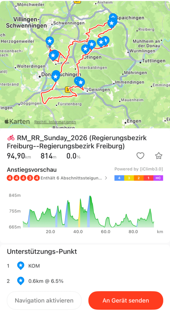iGPSPORT-App: Route an Gerät senden iGPSPORT-App mit Kartenansicht und Funktion zum Senden einer Route an den Fahrradcomputer